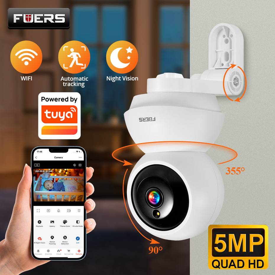 FUERS 4K 8MP WiFi IP Camera With Adjustable Bracket Tuya Smart Home Security Wireless Surveillance Camera Baby Monitor Mini Cam