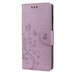 Samsung Galaxy S22 Ultra Læder Cover m. Pung Sommerfugle & Blomster - Lilla