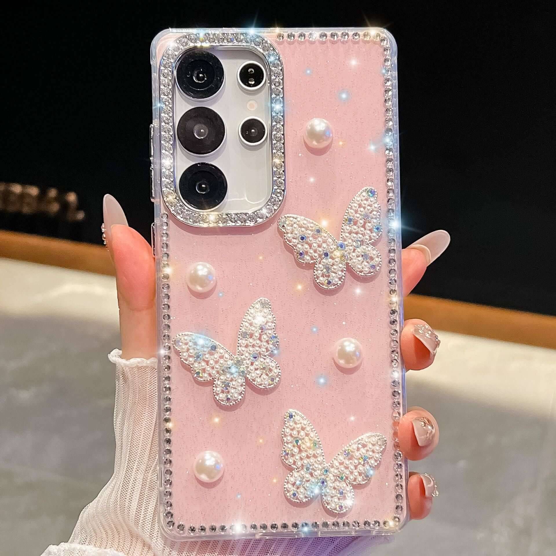 Glitter Powder Pearl Butterfly Rhinestone Phone Case - Glittery Light Pink / Galaxy A56 5G