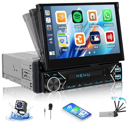 [Trådlös uppgradering] CAMECHO bilradio 1 Din med trådlös Carplay och Android Auto Stereo, 7 tum elektrisk flip ut bilradio skärm med Bluetooth, FM, AUX, USB spegellänk