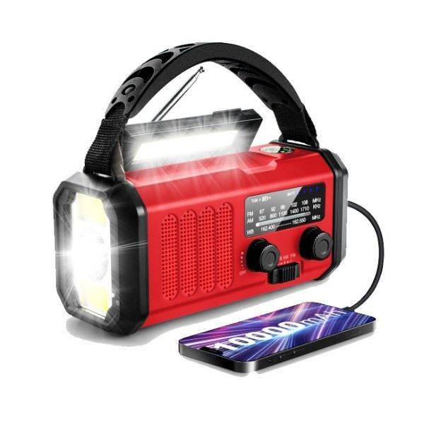 Nødradio, FM/AM, 10.000 mAh Powerbank, Lygte, Solceller og Håndsving.