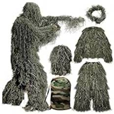 5 i 1 Ghillie Kostym 3D Kamouflagejaktkläder Ghillie Kostymer För Män Jakt Inklusive Jacka,Byxor,Luva,Bärväska Jaktkläder För Män För Paintball, Halloween Kostym,ForestGreen-Adults