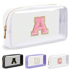 Stor genomskinlig Personlig Initial Letter Makeup Bag, A-Z Chenille Patch Preppy Nylon Kosmetikväska med Dragkedja, TSA Godkänd Transparent Vattentät - Vitt (L,M,S,A,B,C,D,E,F,G,H,I,J,K,N,O,P,Q,R,T,U,V,W,X,Y,Z)
