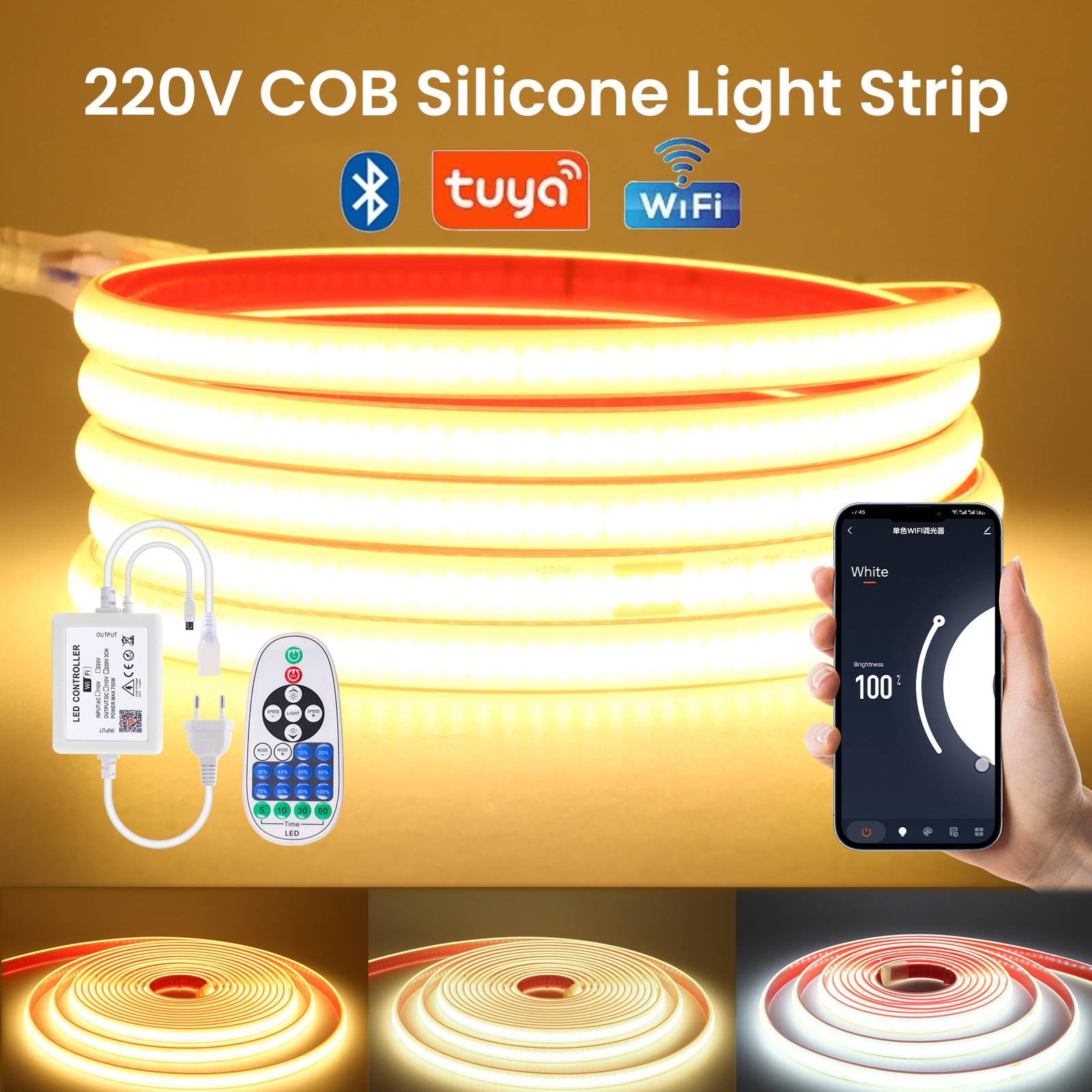 Tuya WiFi Bluetooth 220V Dimmable COB LED Strip Light Flexible Tape Ribbon 288LEDs Density Linear IP67 Waterproof Rope Light