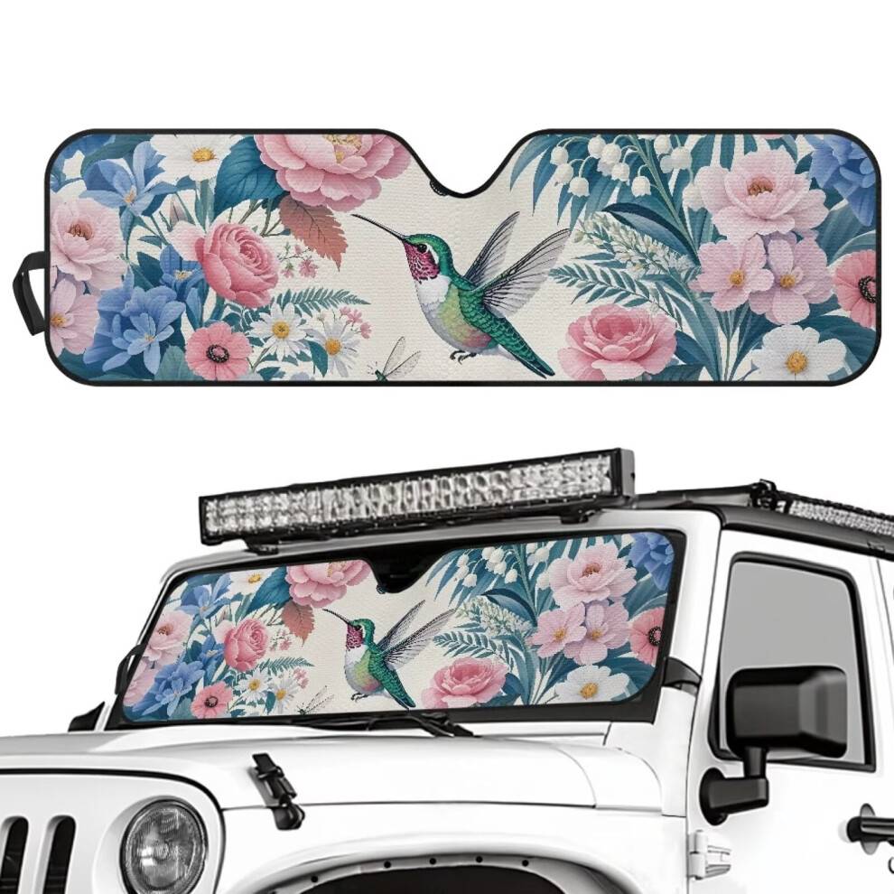 Blommigt solskydd för vindrutan med kolibri för Jeep Wrangler JL och Gladiator JT 2018-2025 (40,6 cm x 132,6 cm), UV-blockerande, håller bilen sval