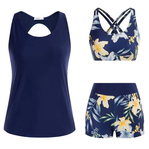 Tankini,Badeanzug Damen Bauchweg.3-Teiliger Bikini Damen Set,Push-Up-Bikinioberteil Und High Waist Badeshorts , Einfache Badebekleidung, Sport-BadeanzüGe , Badebekleidung FüR Schwimmbad, Strand