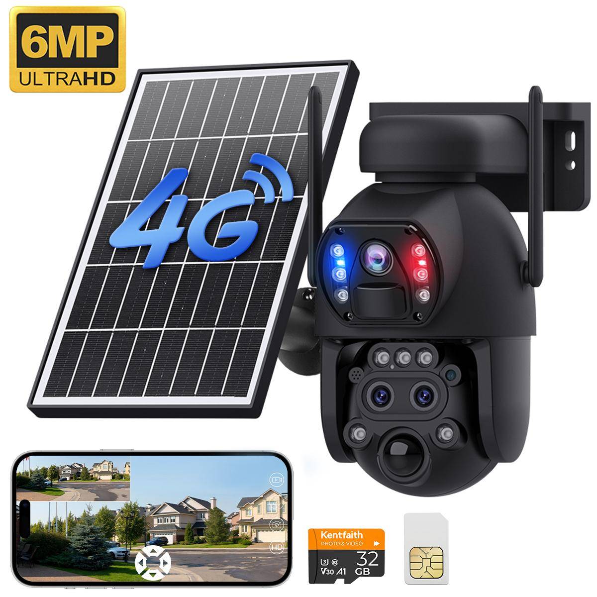 KENTFAITH 4G Solar Security Camera with Triple Lenses, Dual PIR Sensors, 2K Live View, 15X Hybrid Zoom, 12000mAh Battery, 6W Solar Panel, For Outdoor Large Area Monitor, Kentfaith