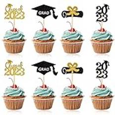 24 st examens-cupcake-dekorationer, svart guld glitter grattis examen tårtdekoration, 2023 examen festdekorationer tillbehör examen tårtdekorationer glad examen festdekorationer