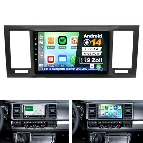 Android 14 bilradio 4 64 G för VW T6 Transporter Multivan 2016–2022, 2Din med Carplay Android Auto 9 tums pekskärm Bluetooth FM-navigering WiFi delad rattstyrning backkamera Mic