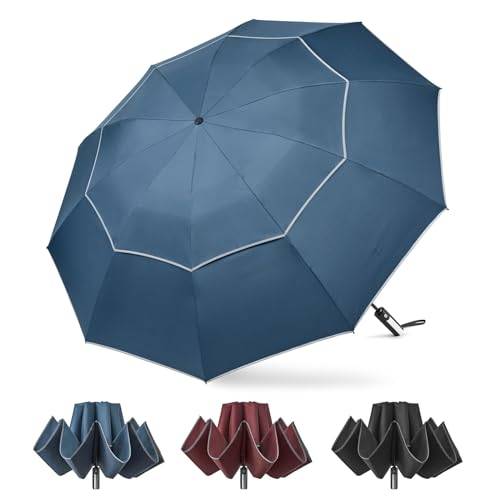 G4Free 157 cm (62 tum) vindtätt inverterat paraply med reflekterande rand, stort kompakt omvänt golfparaply för regn, 10 ribbor, dubbel baldakin, resenät paraply, automatisk öppning och stängning, BLÅ