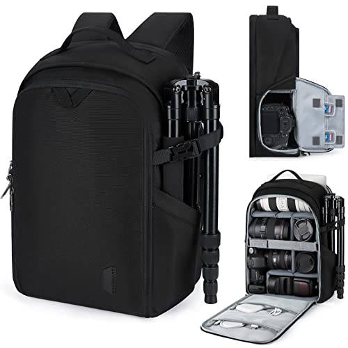 bagsmart Kameraryggsäck, DSLR SLR kameraväska lämplig för 13,3–15,6 tums bärbara datorer, vattentät fotoryggsäck med regnskydd, stativhållare, Svart – L, L, Fotoryggsäck