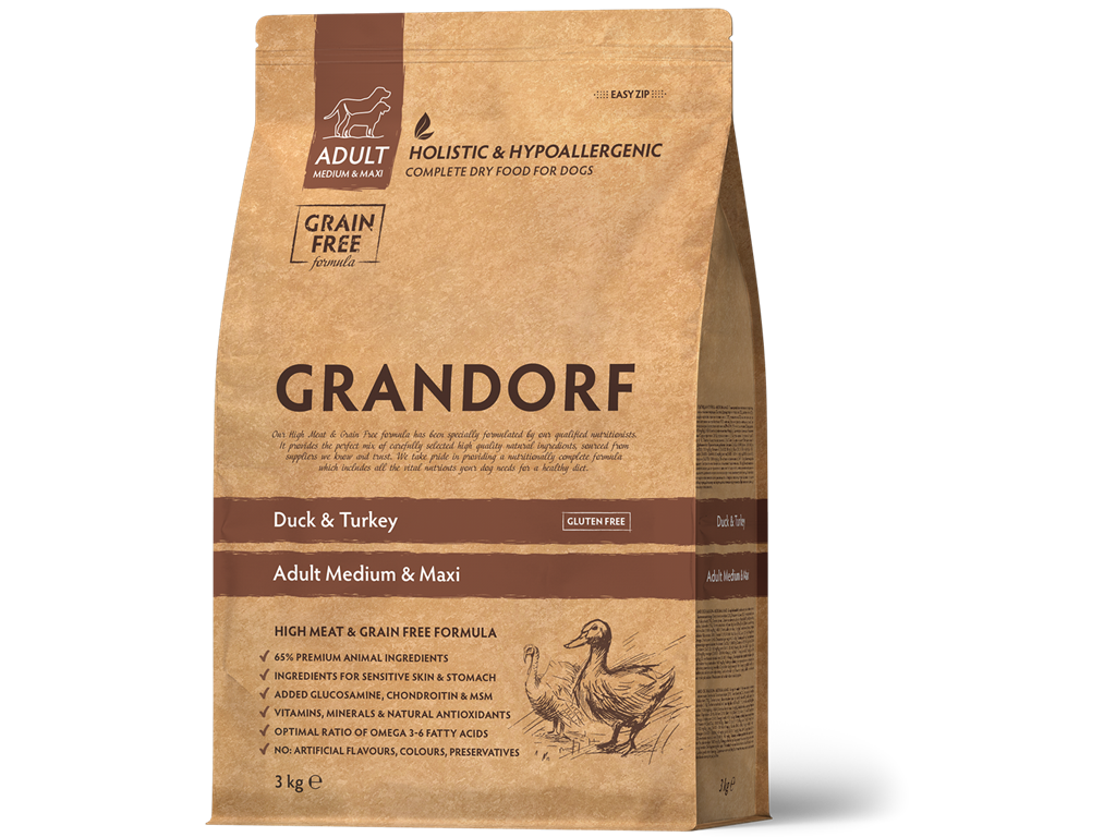 Grandorf Duck & Turkey Adult Mediun & Maxi. Kornfri - 3 kg