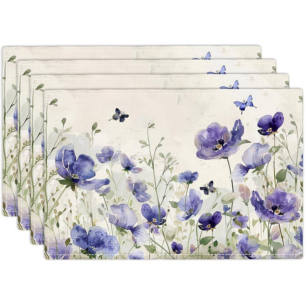 4 st Lantliga Blommor Bordsunderlägg Fjäril Lavendel Blommor Växter Blad Bordsunderlägg Rustik Blommig Vattentät Tvättbar Bord gray