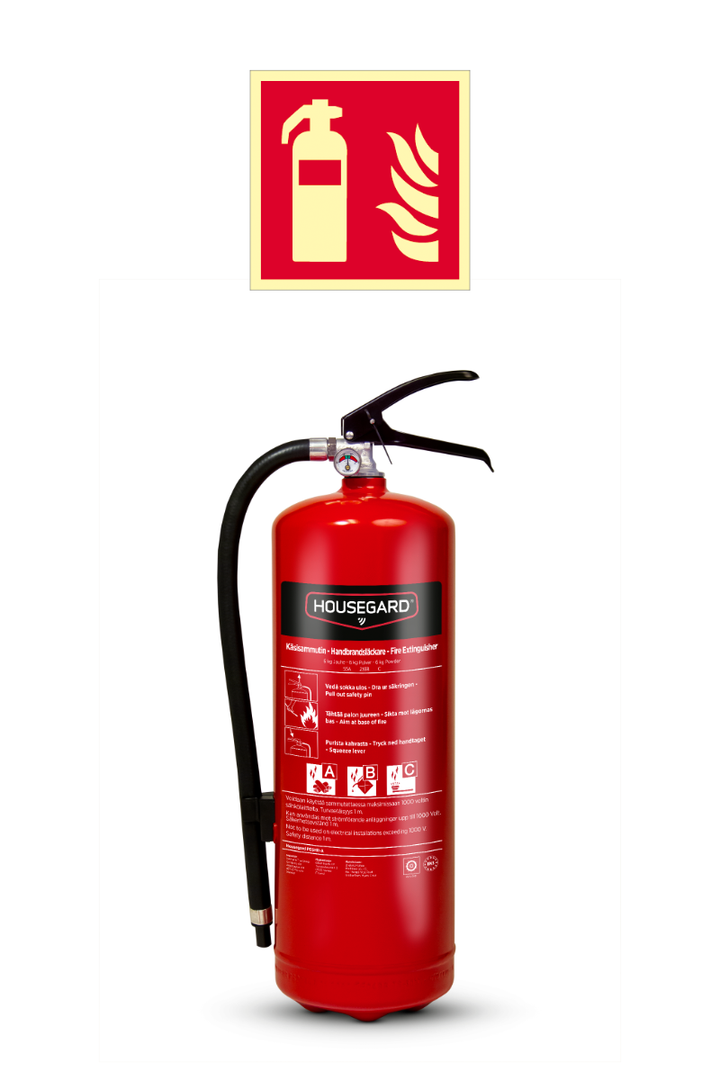 Pulversläckare 6 kg 55A 233B C Housegard Röd inklusive brandskylt