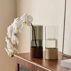 Vintage kristallcylindervas med handgjord träbas - 30 cm klart glas 1 st blomsterdekoration för bröllop/bondgård/vardagsrumsdekor, icke-elektrisk lyxi - Multifärgad (Transparent färg,svart)