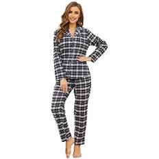 Mnemo Home dam pyjamas lång flanell pyjamas dam 100 % bomull av flanell, svart, XL