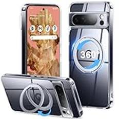 PuyaTeya Mobiltelefonfodral för Google Pixel 8 pro fodral 5G, för magsafe [uppgraderad med 360° stativ] [genomskinlig matta] reptåligt skyddsfodral för Google Pixel 8 pro fodral (transparent)