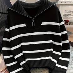 TEMU Striped Zip-up Pullover Sweater For Women - Casual Asian Style Lapel Collar Knit Acrylic Long Sleeve Sweater For Fall/winter