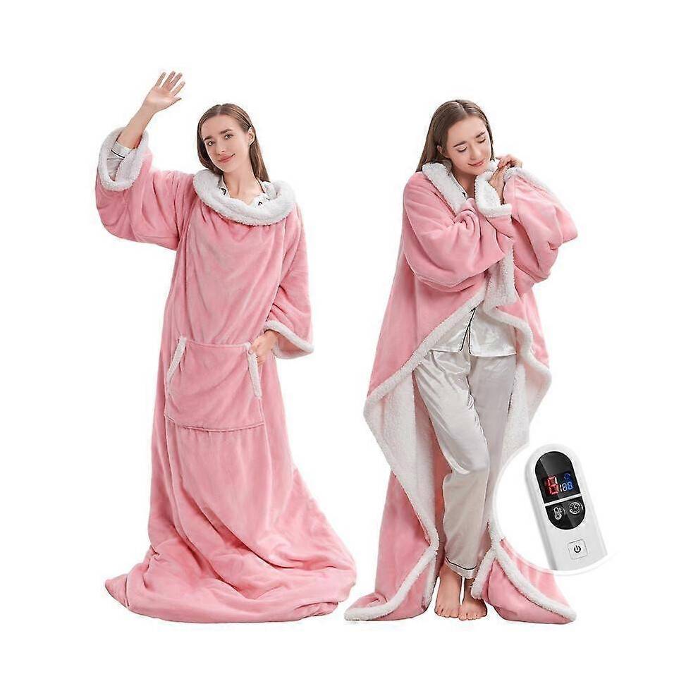 (Pink) TEHANLD Wearable Heated Blanket with Foot Pocket, Electric Wearable Throw Blanket with Sleeves, Portable Heated Blanket with 6 Heat Settings