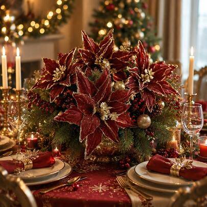 4 st konstgjorda julstjälkar i sammet med julstjärna, vinröd glansig, glitter, falska blommor för julgransdekoration, DIY-högtidsdekoration, krans, he - Multifärgad