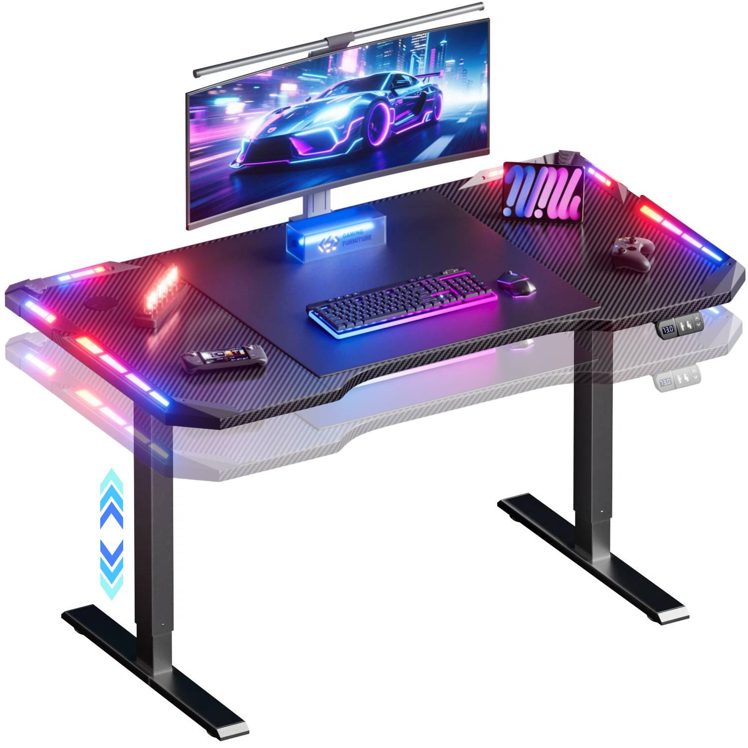 Electric Height Adjustable Gaming Desk with App Controlled LED Lights, Carbon Fibre Surface PC Gaming Table, 2 Height Memory Presets, Multiple Sizes, Sit Stand Computer Workstation for Home Office