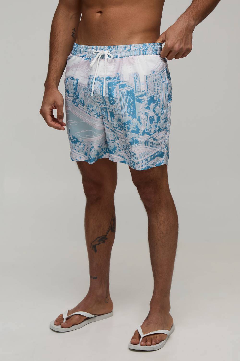 Football Stadium Cityscape Mid Length Swim Short | Grey | Size Medium