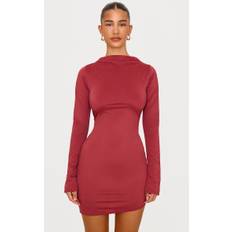 Burgundy Matte Sculpt Boat Neck Long Sleeve Mini Dress, Red - 12