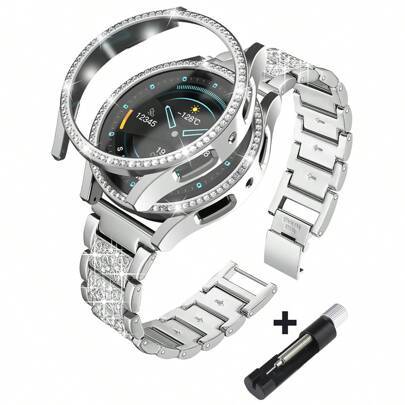 Dammetall diamantrem + PC Glänsande diamant ihåligt stötdämpande och fallsäkert skyddsfodral Kompatibel med Samsung Galaxy Watch 4 5 6 7 Series 40/44 - Silver (Multi-size)