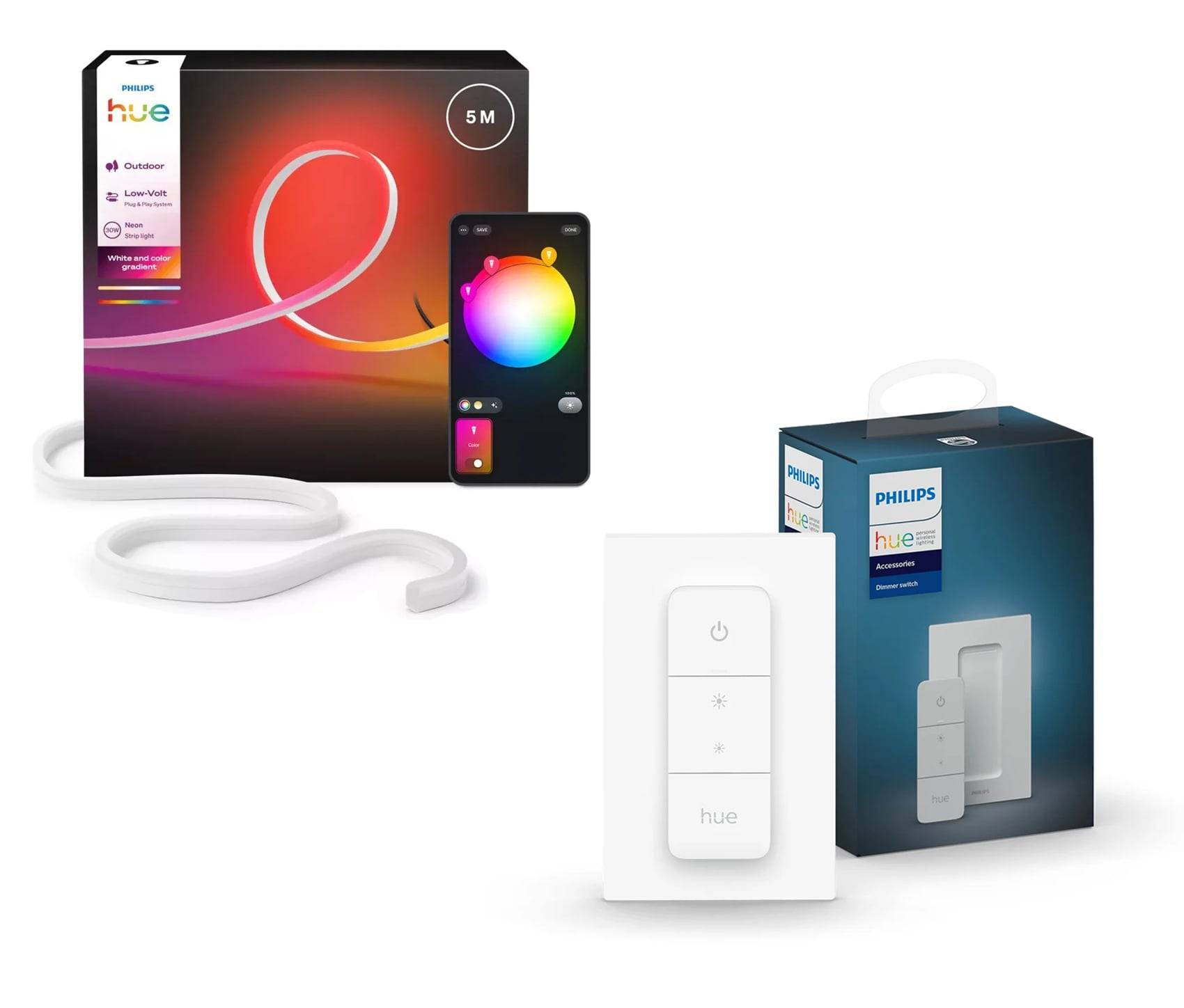 Philips Hue Neon Outdoor LED Strip 5m + Dimmer Switch – Flexible Gradient Smart Lighting - Bundle - Fri fragt og klar til levering - Prismatch