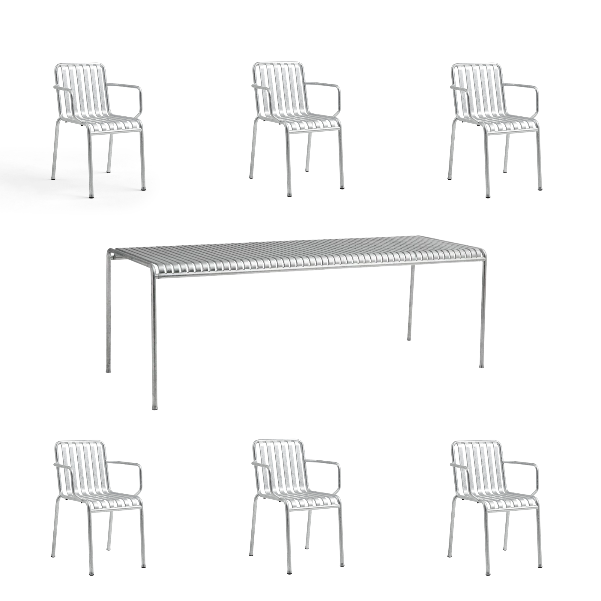 HAY Palissade Sæt Table L220 x 6 Palissade Armchair - Hot Galvanised Steel