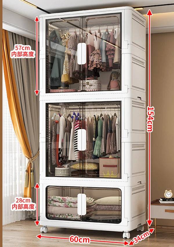 Double Door Open Clothes Storage Organizer with Wheels Foldable Wardrobe Cabinet Baby Cupboard Organizing Box Containers Bin - 60x34x154cm-grey