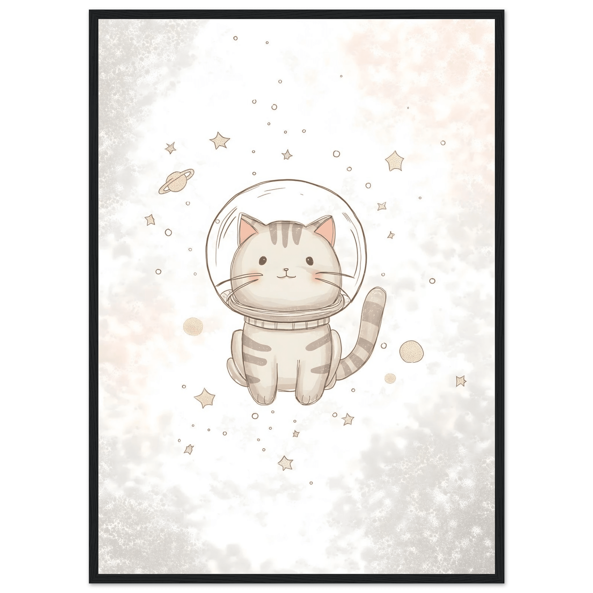 Katt i rymden poster-50x70 cm / 20x28″ / Med ram / Svart