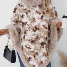 TEMU Fuzzy Knit Crew Neck Poncho, Casual Hanky Hem Long Sleeve Sweater For Fall & Winter, Women's Clothing