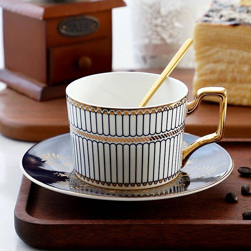 Bone China Coffee Cup and Saucer Set 270ml Blue Gold Striped Luxury with Spoon