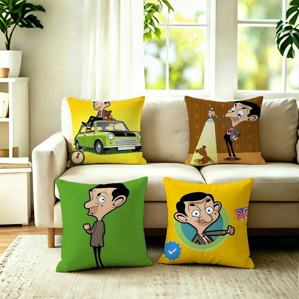 Tecknade Mr Bean Fyrkantigt Dubbelsidigt tryckt Kuddfodral Sovrum Sängbord Kudde Soffkuddeöverdrag