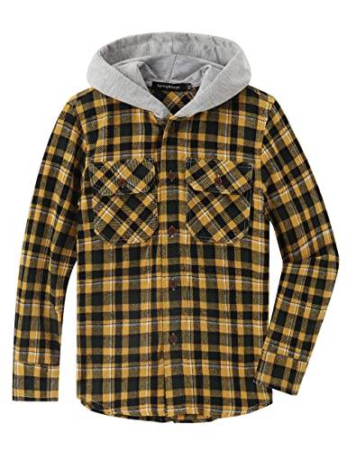 Spring&Mot pojkar långärmad rutig huva skjorta button-down flanellskjorta för barn, GUL, 9-10 år