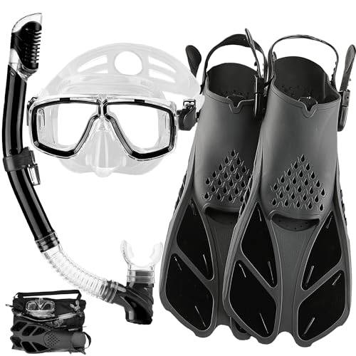 HH HHAO SPORT Snorkelset för vuxna med fenor, snorklingsutrustning i resestorlek med korta justerbara simfenor, högkvalitativ dykmask och torr topp snorkel med bärväska