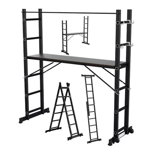 Gimisgu Ställning, 4-i-1 aluminum multifunktionsstege 6 + 6 steg, mobil multifunktionsstege med plattform och 2 hjul, arbetsutrustning, arbetsstation, lastkapacitet upp till max. 150 kg, svart