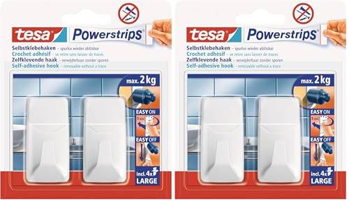 tesa Powerstrips Haken Large ECKIG - Selbstklebender Wandhaken für Glas, Kacheln, Holz, Kunststoff und andere Untergründe - Weiß (Packung mit 2)