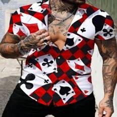 Herr Poker & Geometriskt Mönster Tryckt Kort Ärm Skjorta - Röd - L,M,S,XL,XXL