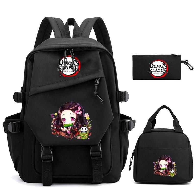 3 st/set Anime Demon Slayer Ryggsäck med Lunchväska för Flicka Pojke Tonåring Bokväska Skolväska Män Kvinnor Fritid Resväska Mochila