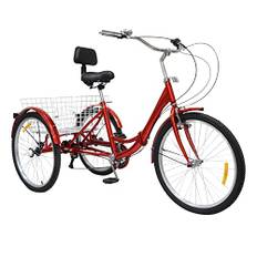 Estabeter trehjuling vuxna 24 tum 7-växlad vikbar trehjuling med inköpskorg och ryggstöd, 3-hjuls cykel trehjuling för vuxna, seniorer, cyklist (röd trehjuling)