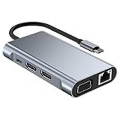 USB C till dubbel HDMI-dockningsstation, typ C multiportadapter med dubbel HDMI (4K@30Hz), 1080P VGA, RJ45, 100W PD, USB3.0, 2 USB2.0, 8-i-1-hubb för Dell HP MacBook Laptop (8 i 1 2HDMI+VGA)