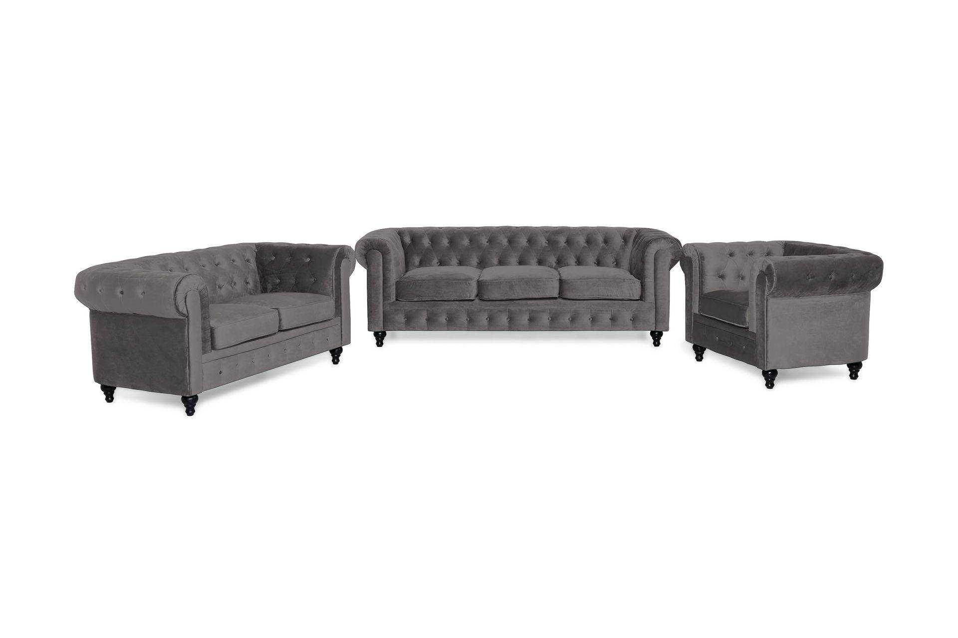 Chesterfield Lyx Soffgrupp 3+2+1 i Sammet - Grå Manor House