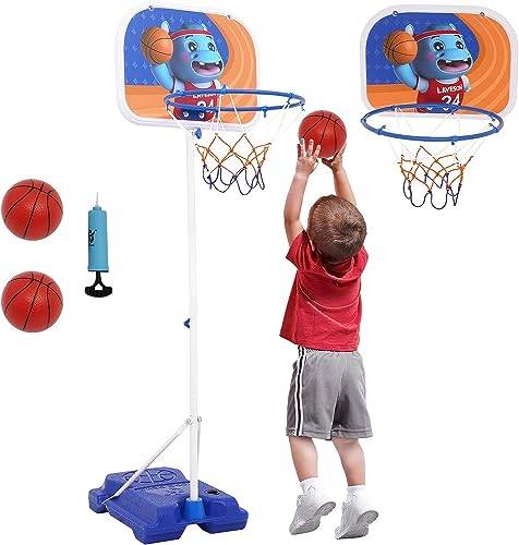 Forroby 2-i-1 mini basketstativ, justerbar höjd bärbar barnbasketkorg 96-170 cm, stativ kan fyllas med vatten eller sand, basketkorg utomhus/inomhus med 2 bollar för barn 3-8 år