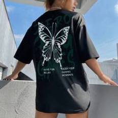 Women's Butterfly Printed Round Neck Short Sleeve Casual Summer T-Shirt ZERO TIME GAMES HAVE FUN RELAX ENJOY YOUR GAMING MOMENTS