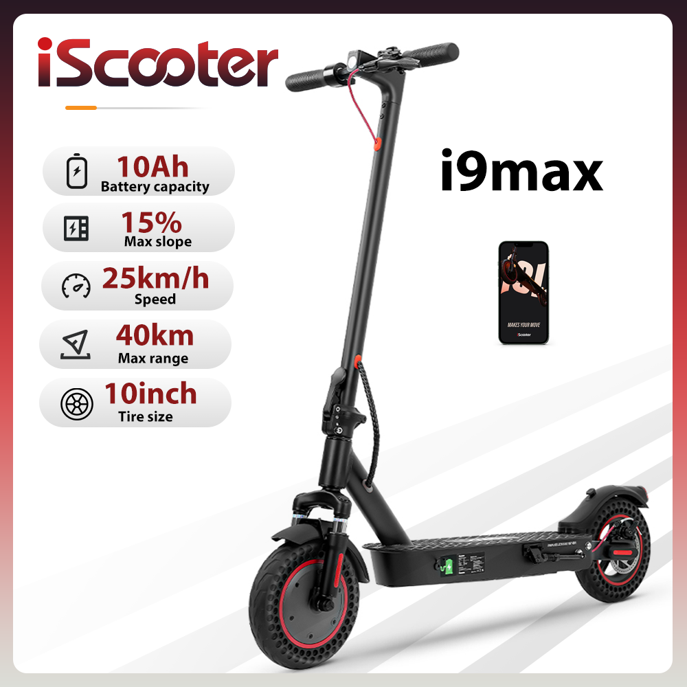iScooter i9max Electric Scooter 36V 10Ah Battery 30-40km Range Dual Suspension 25km/h Speed 10 Inch Tire Kick e Scooter with App