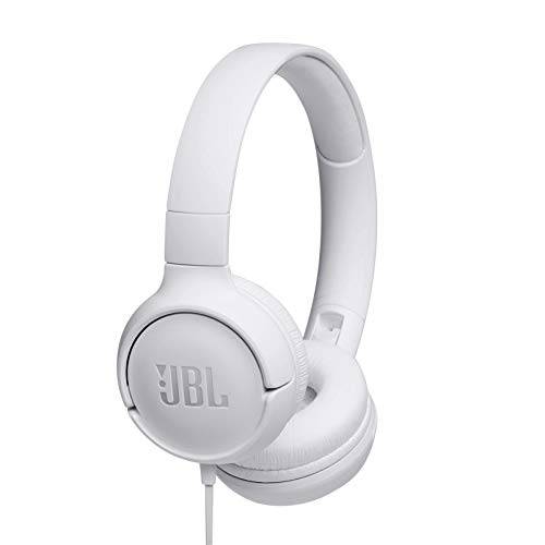 JBL Tune 500 – Trådbundna hörlurar på örat, Pure Bass Sound, 1-knapps fjärrkontroll/mikrofon, trasselfri platt kabel, lätt och vikbar design, Ask Siri eller Google Now (vit)