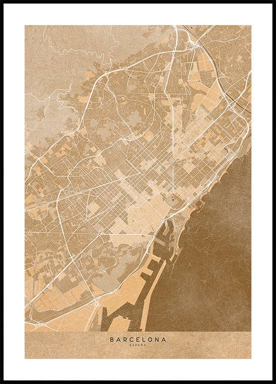 Map of Barcelona Spain in sepia vintage style Poster (70x100cm) - Plakater > BD, LANGFIX