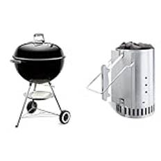Weber Original Kettle Kolgrill, Ø 57cm grillyta, BBQ-grill med porslinsemaljerad lock & gryta, locktermometer, One-Touch rengöringssystem - Svart (1341504) & Weber Rapidfire Grillstarter Stor